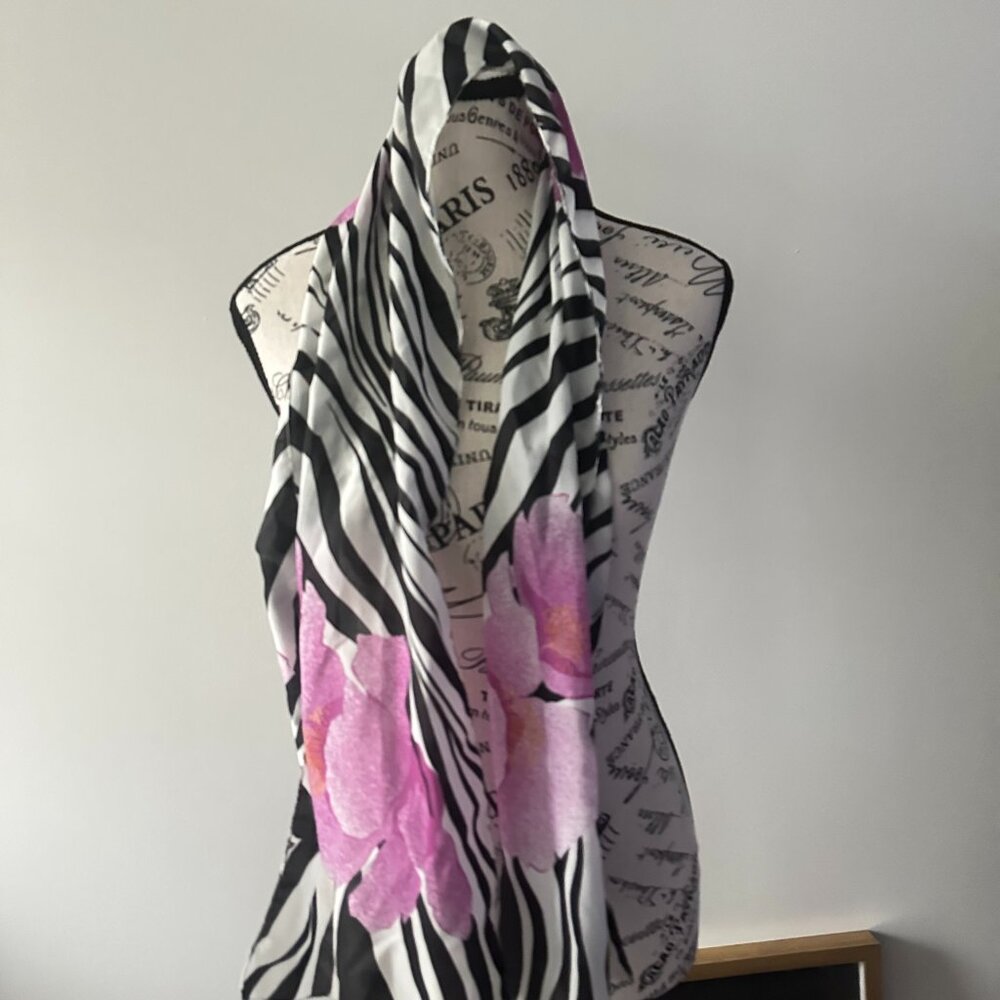 Black & White Zebra Print Floral Scarf – Lightweight & Stylish